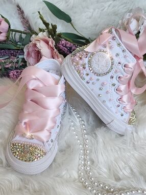 New In Box Custom Converse All-Star Infant 5 Bling High-Top Sneakers Pink White